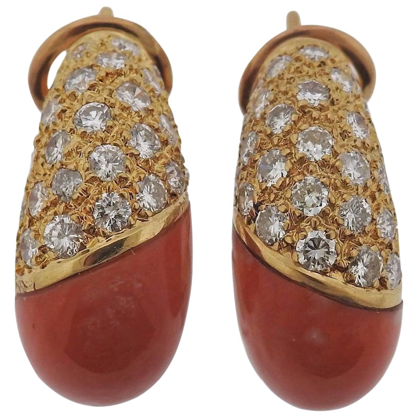 Coral Diamond Gold Half Hoop Earrings