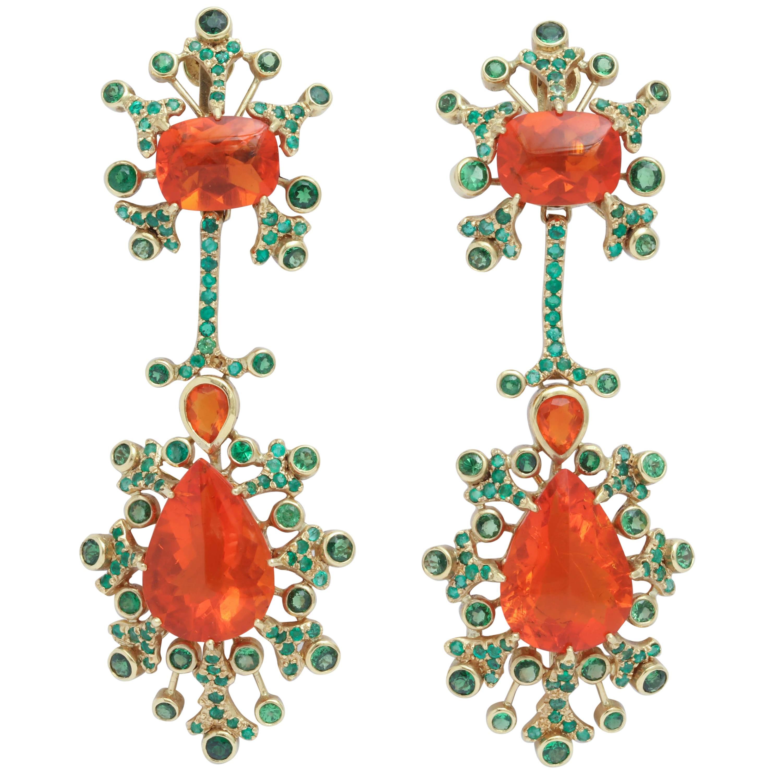 Marilyn Cooperman Fire Opal and Tsavorite Drop Earrings For Sale