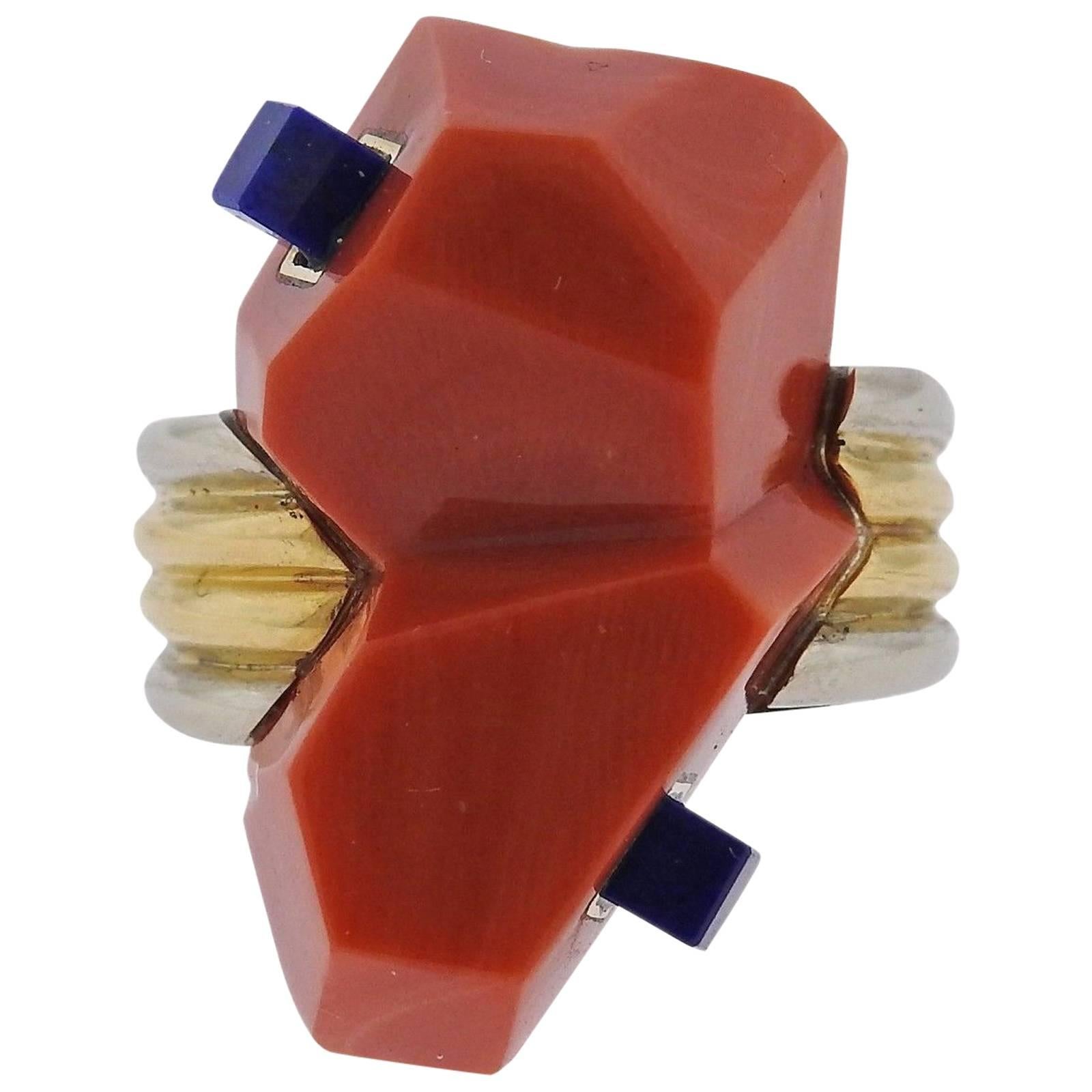 Carvin French Coral Lapis Gold Ring For Sale