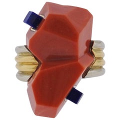 Carvin French Coral Lapis Gold Ring