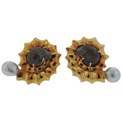 Elizabeth Gage Pearl Fossil Gold Earrings