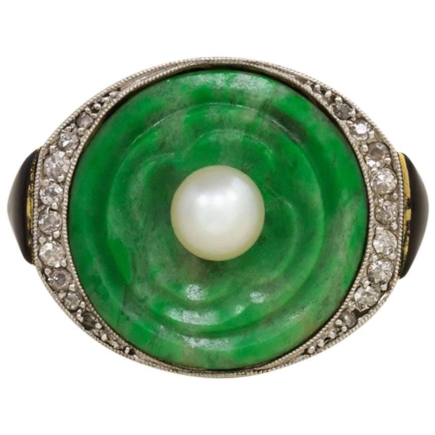 Sasportas Art Deco Jade and Pearl Ring with Diamond and Enamel Accents