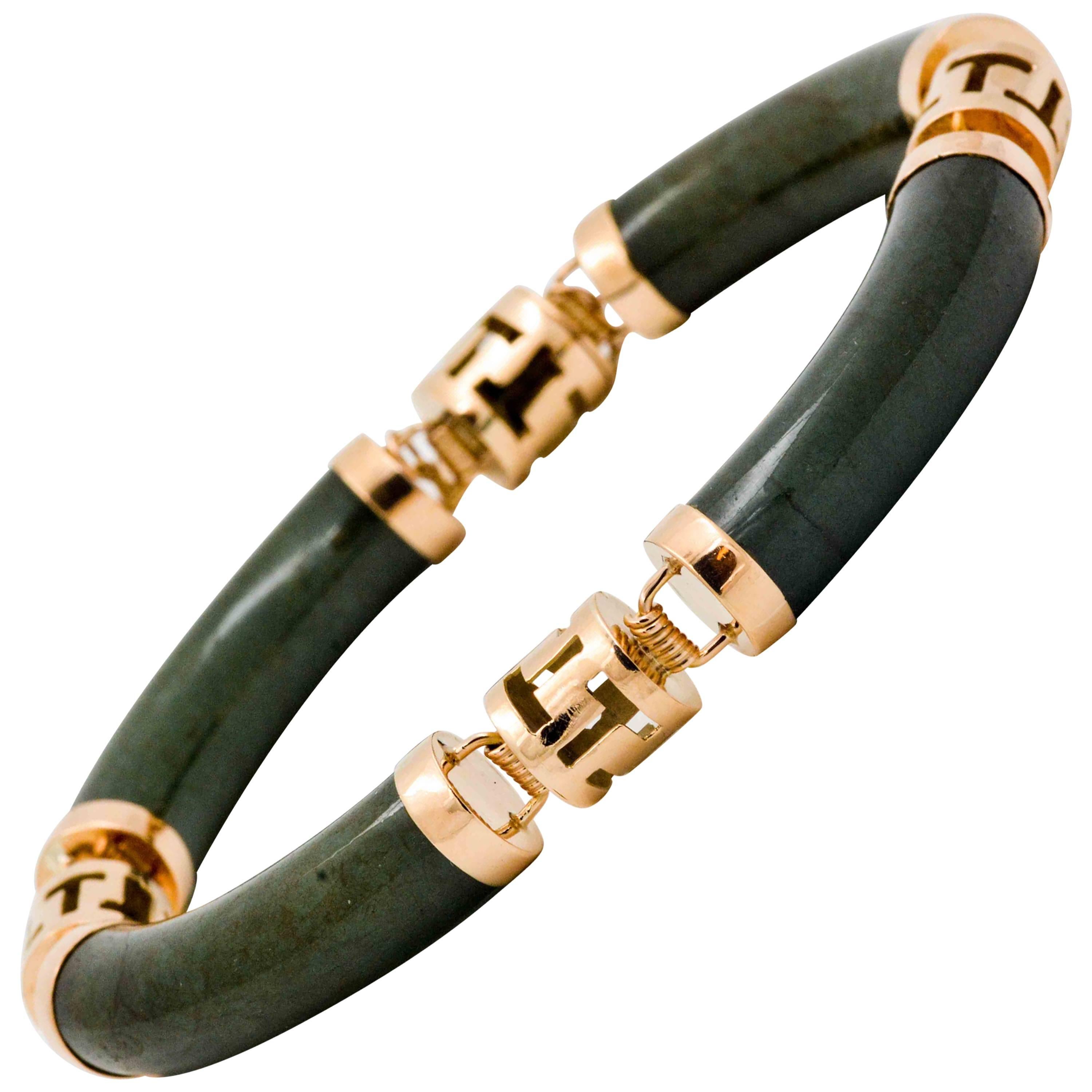 Green Nephrite Jade and 14 Karat Yellow Gold Section Bracelet