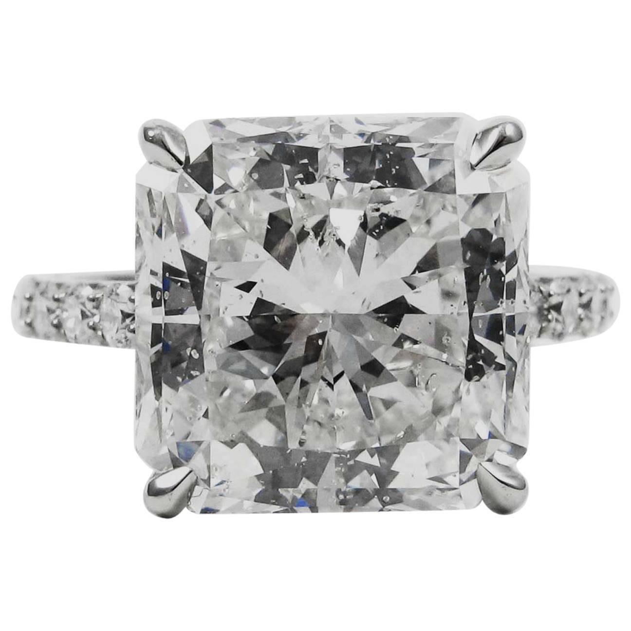 GIA Certified F 10.05 Carat J. Birnbach Radiant Cut Diamond Platinum Pave Ring