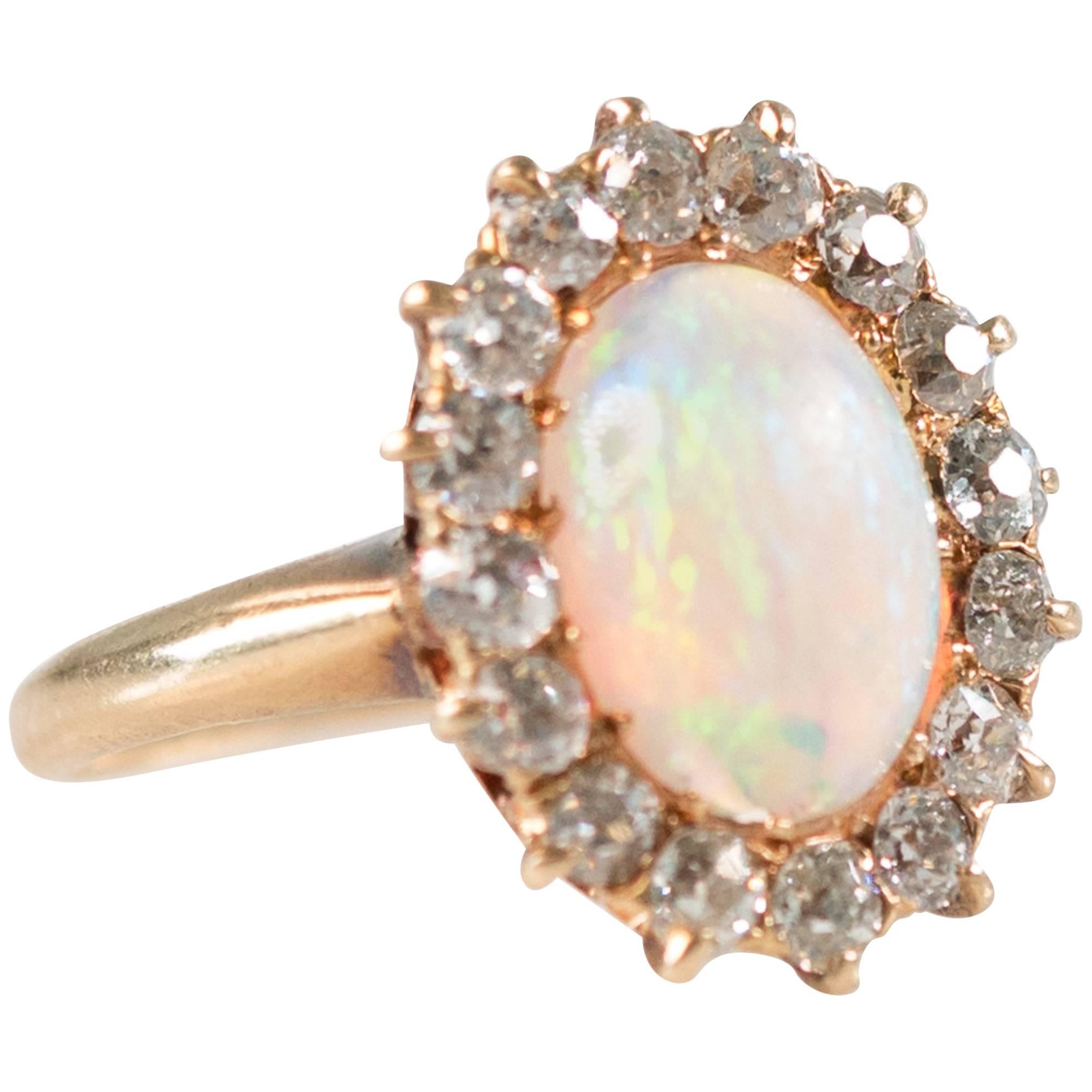 1890s Victorian Antique 4 Carat Opal, Diamond and 18K Gold Ring