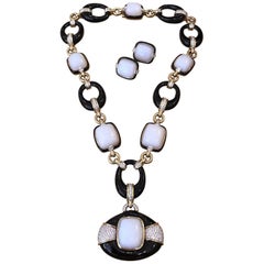 David Webb  Diamond Agate Onyx Necklace Earrings Suite