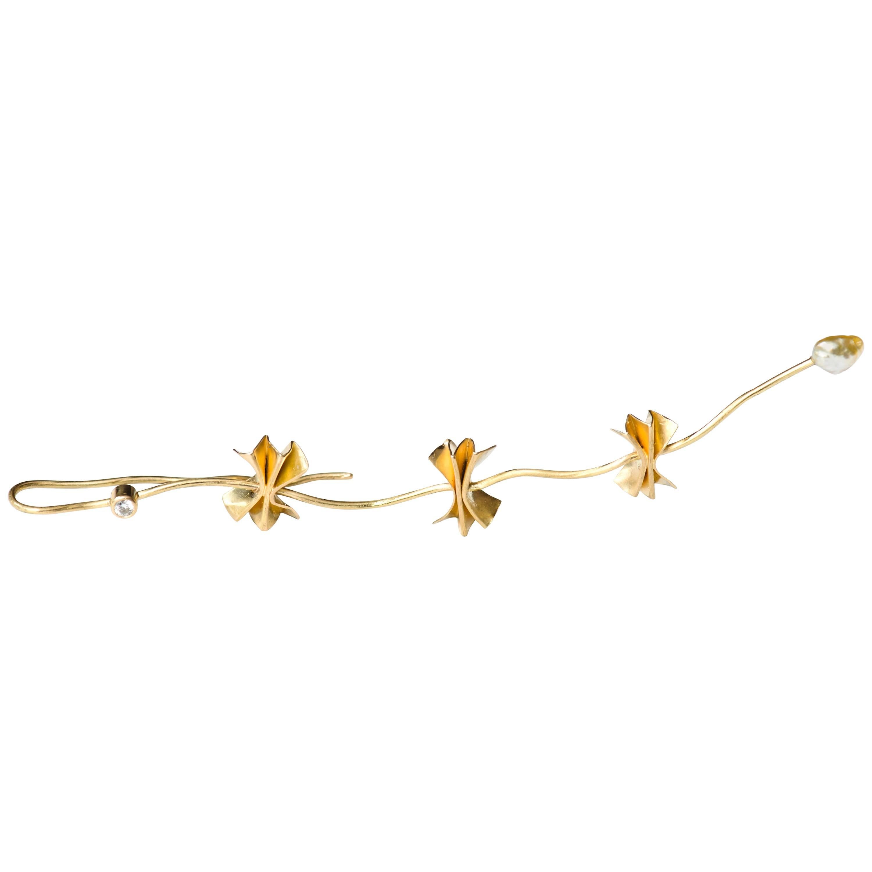 Bergsoe Gold Bow Diamond Pearl Earring For Sale