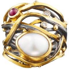 Bergsoe Pearl Diamond Silver Gold Twisted Ring