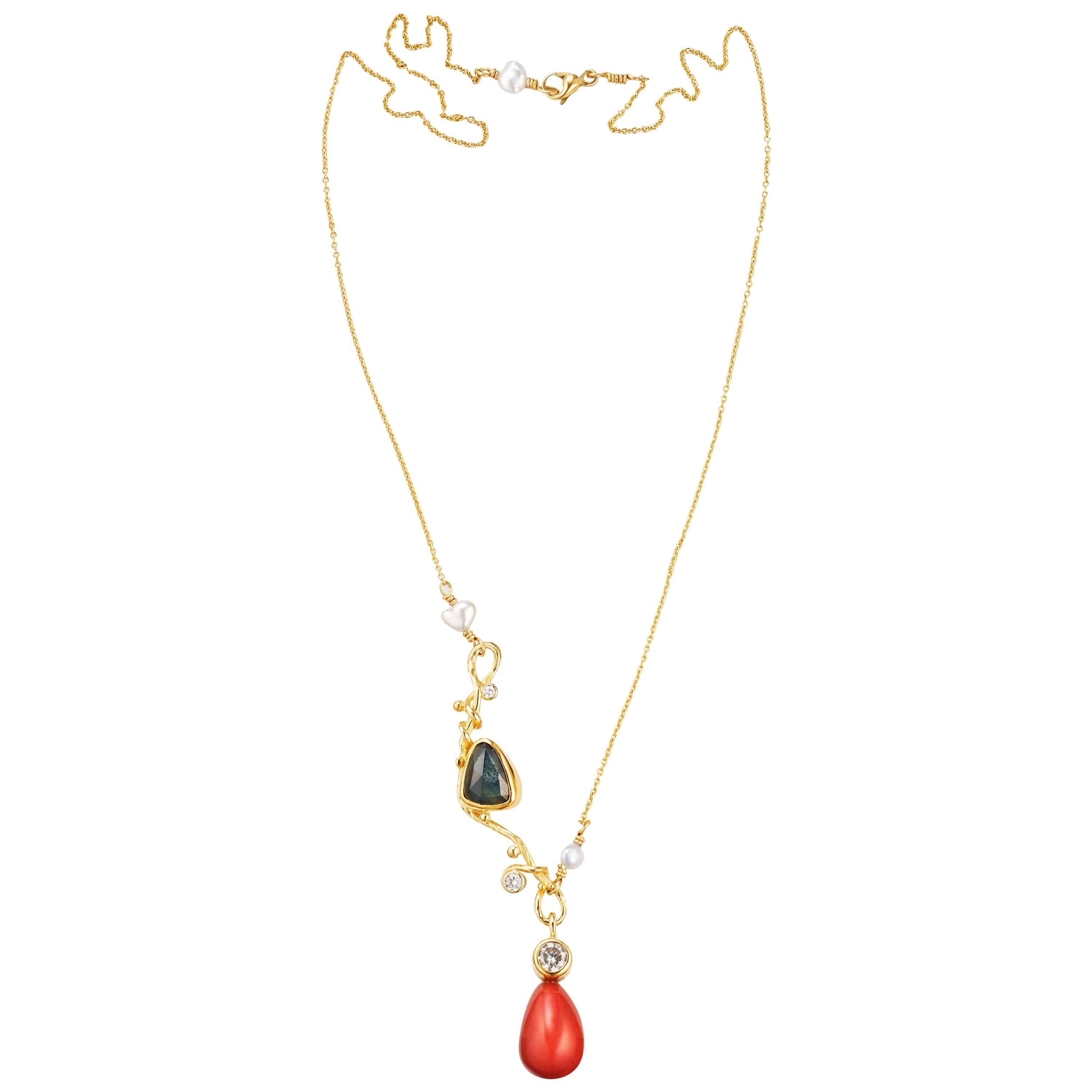Bergsoe Sapphire Coral Diamond Gold Necklace For Sale