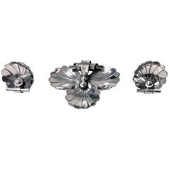 Retro Georg Jensen Sterling Scallop Shell Brooch and Earrings, circa 1940