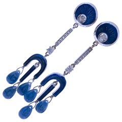 Vintage Diamond Blue Sapphire Drop Champlevé Hand Enameled Chandelier Earrings