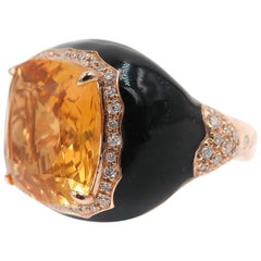 Citrine Diamond and Black Enamel Cocktail Ring