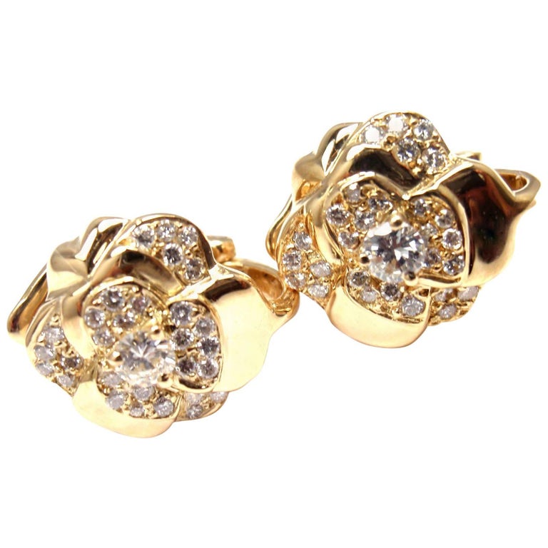 Chanel Camellia Camelia Flower Diamond Yellow Gold Earrings at 1stDibs