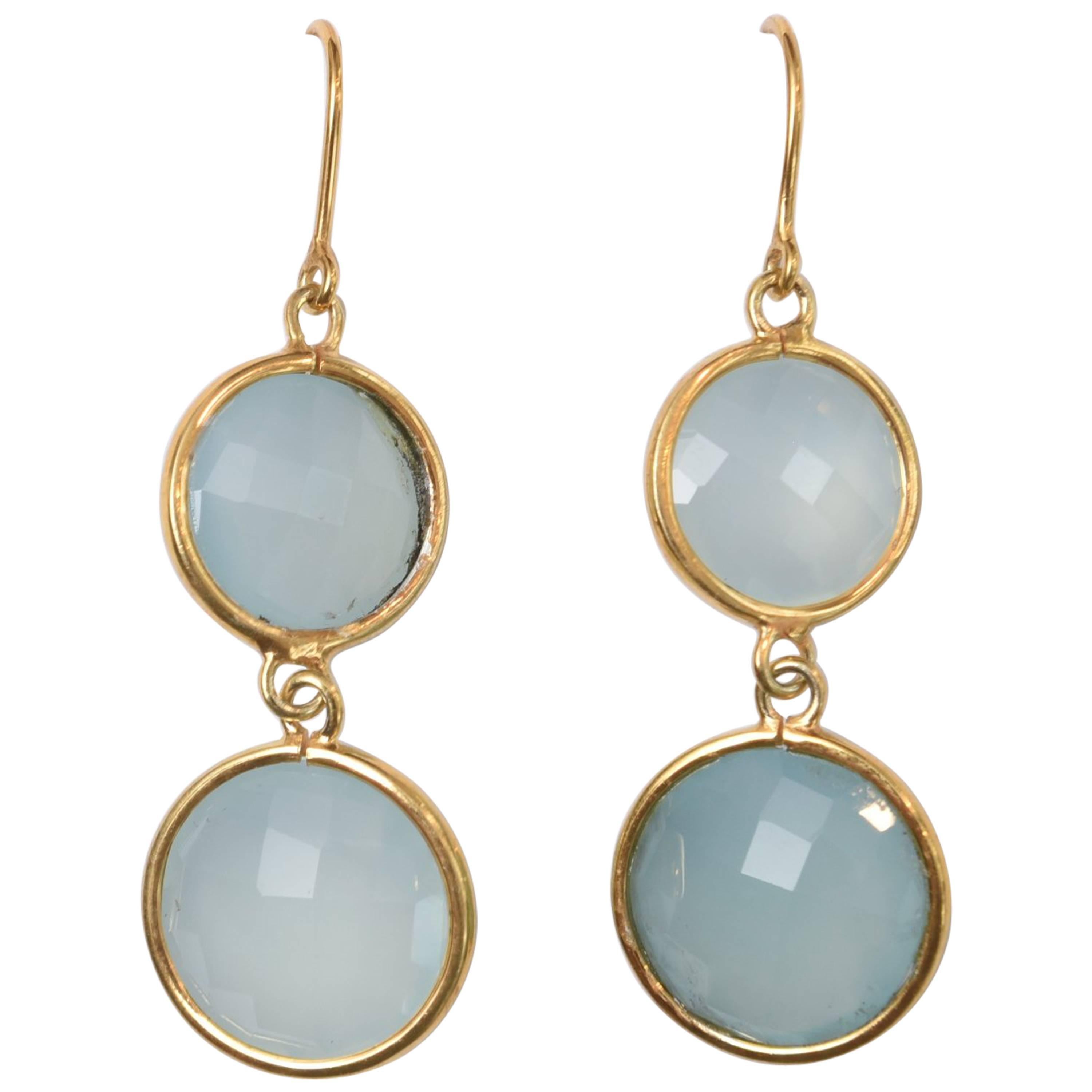 Double Faceted Chalcedony Drop Earrings in 18 Karat Gold