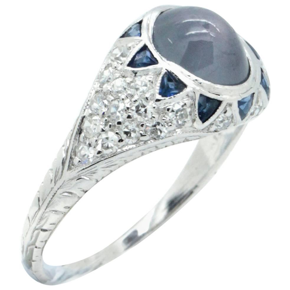 1930s Art Deco Star Sapphire Diamond Platinum Handmade Engagement Ring  For Sale