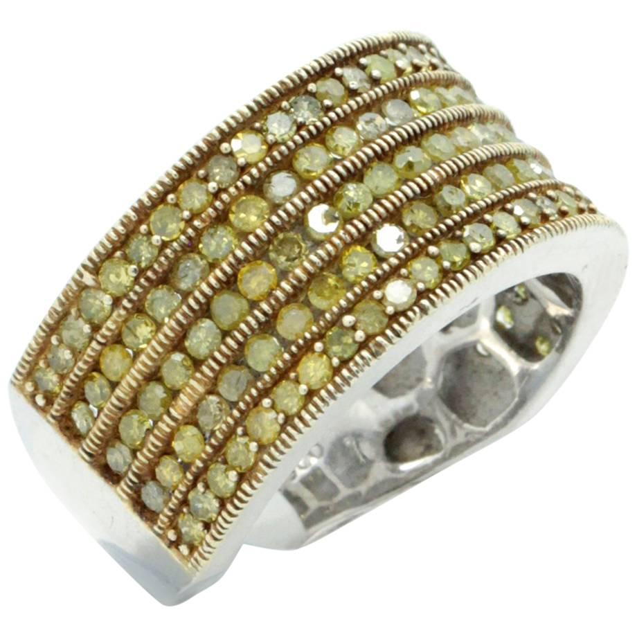 Yellow Diamond Sterling Silver Cigar Band Wedding or Cocktail Ring