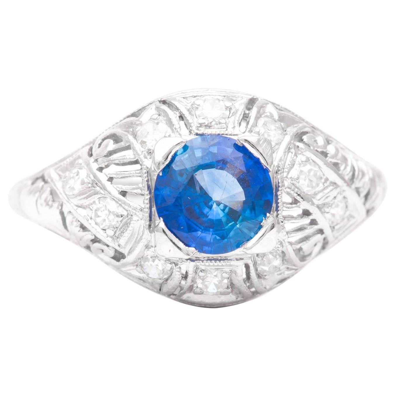 Art Deco Sapphire and Diamond Filigree Ring in Platinum For Sale