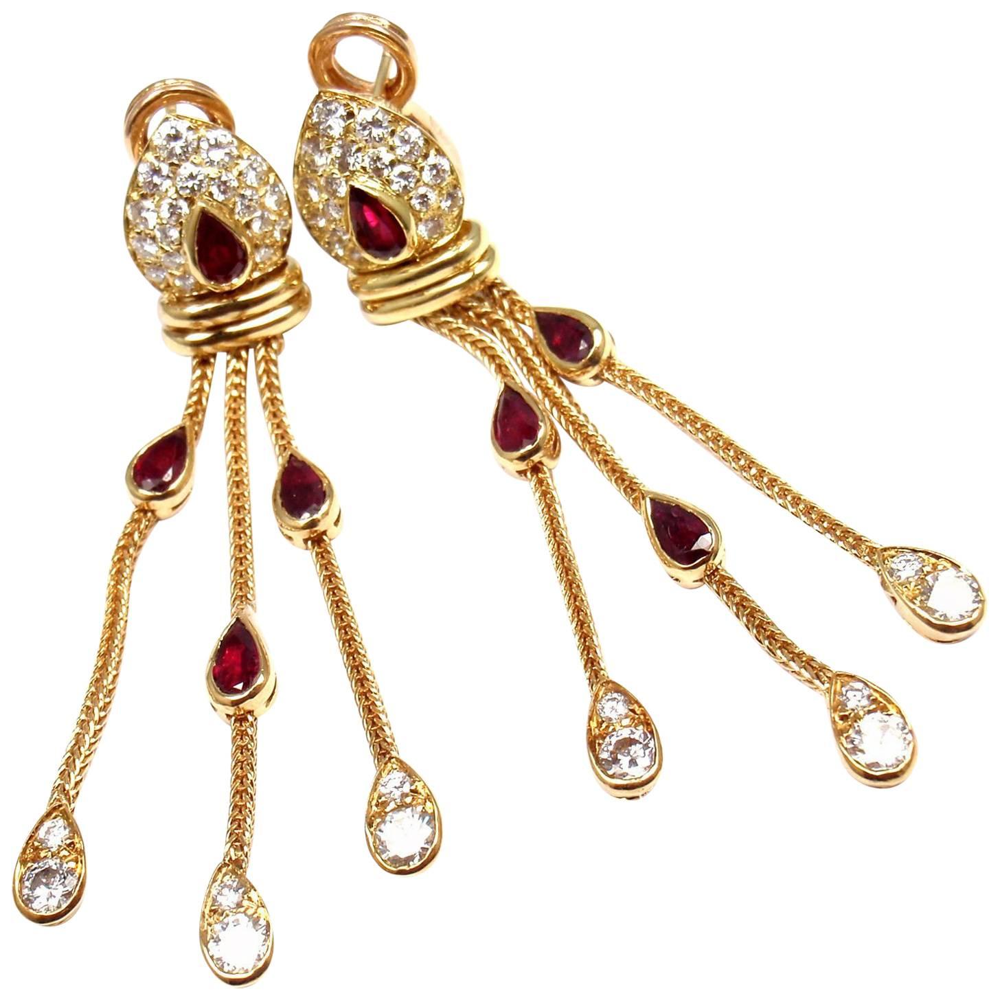 Vintage Van Cleef & Arpels Diamond Ruby Hanging Drop Earrings