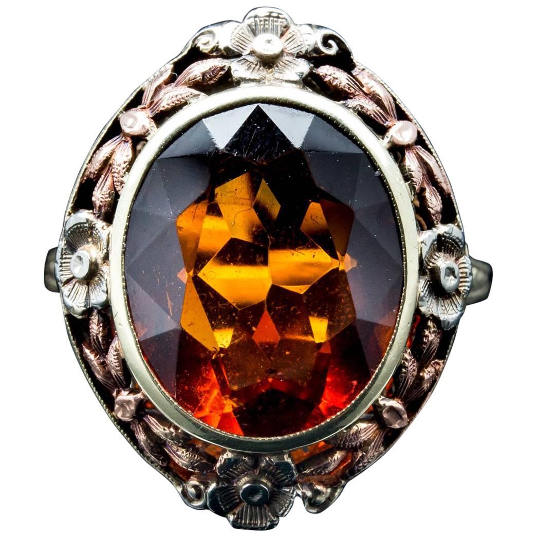 Exceptional Arts & Crafts Madeira Citrine Multi-Color Gold Flower Ring For Sale