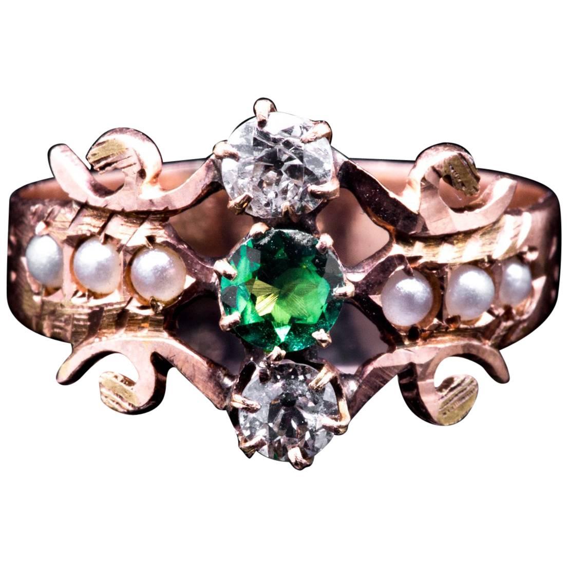 Russian Victorian Demantoid Garnet and Diamond Ring in Gold