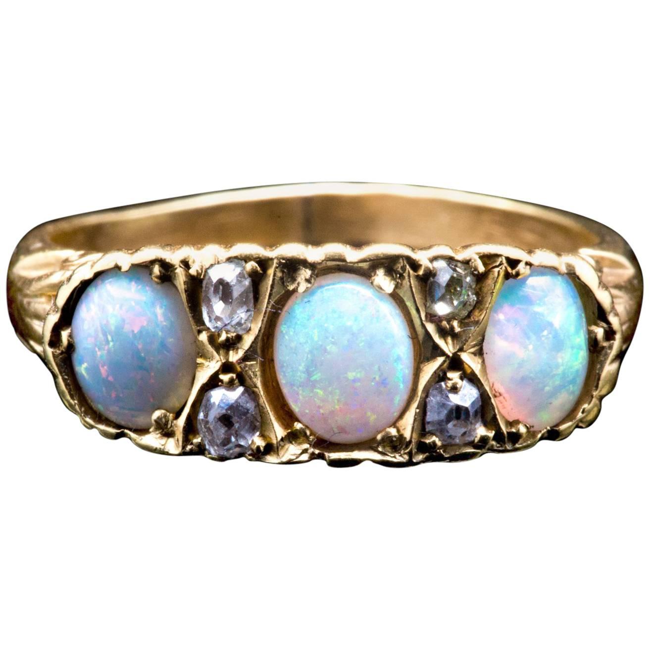 Victorian Opal and Mine Cut Diamond Ring in 18 Karat Yellow Gold For Sale