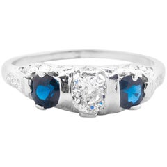 Antique Art Deco Diamond and Sapphire Three-Stone Ring in Platinum