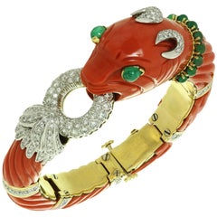 Roberto Legnazzi Natural Carved Coral Diamond Emerald Gold Chimera Bracelet
