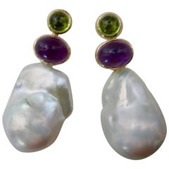 Michael Kneebone Cabochon Peridot Amethyst Baroque Pearl Drop Earrings