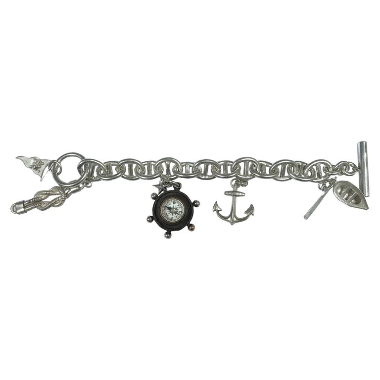 Silver Chain Bracelet Compass Boat Anchor Flag and Knot For Sale at