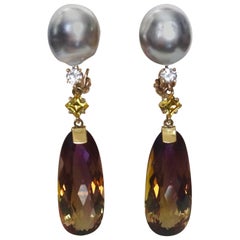 Michael Kneebone Ametrine Diamond Yellow Sapphire Tahitian Pearl Dangle Earrings