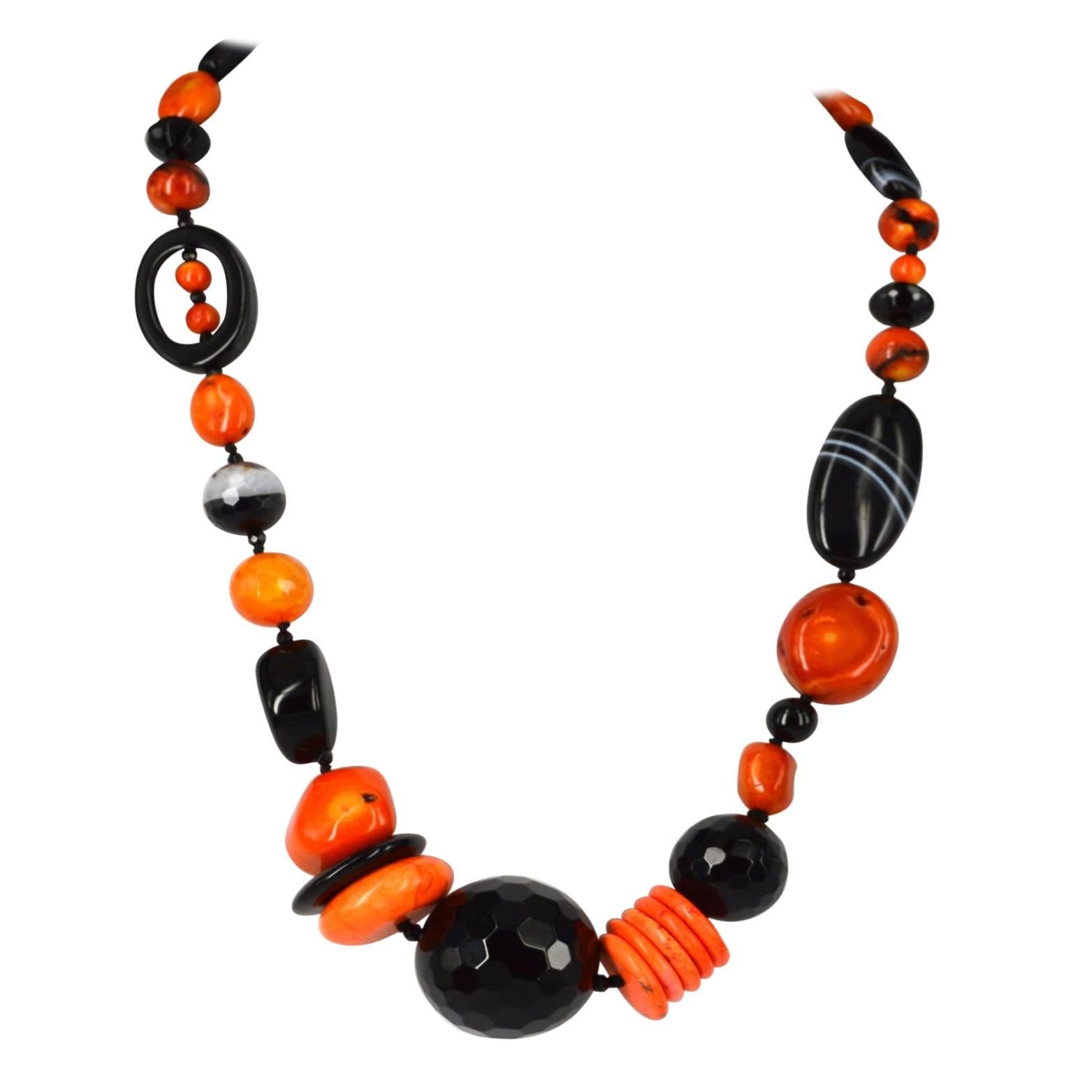 Decadent Jewels Bold and Bright Orange Coral Agate Silver and Necklace