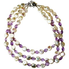 Triple Strand White Coin Pearl and Lilac Amethyst Necklace 12