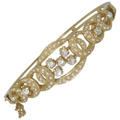 Vintage Diamond and Pearl Gold Bangle Bracelet