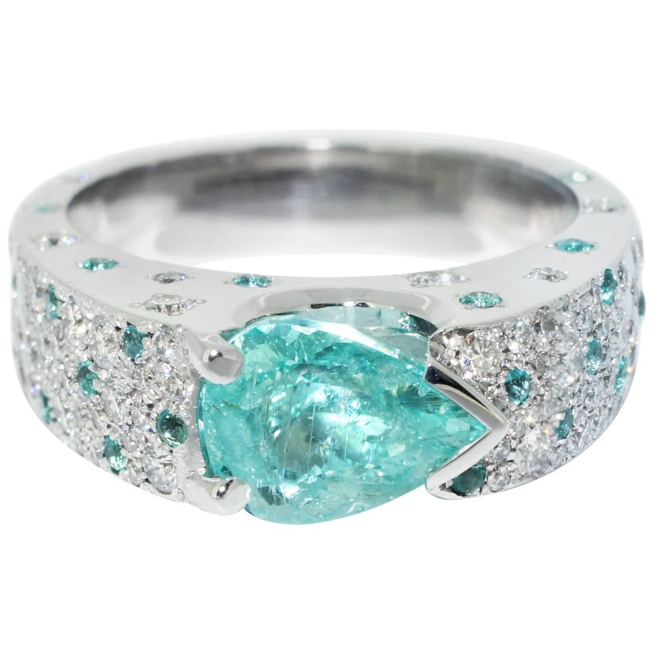 Lizunova One-of-a-Kind Paraiba Tourmaline & Diamond Ring in 18 Karat White Gold For Sale