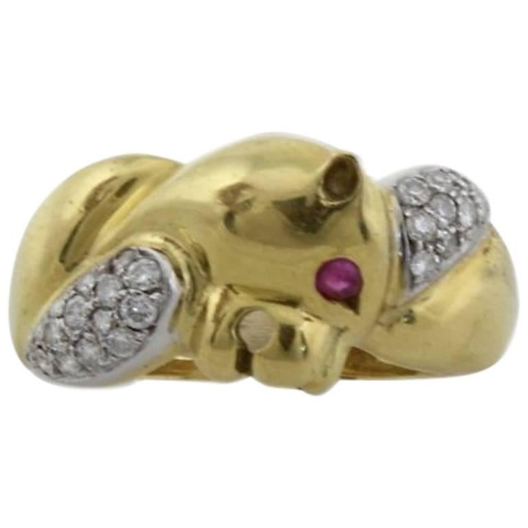 Animal Head Shape Diamonds and Rubies 18K Yellow and White Gold Ring For Sale