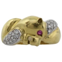 Animal Head Shape Diamonds and Rubies 18K Yellow and White Gold Ring