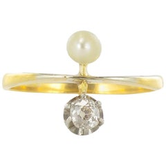 Anillo Antiguo Toi et Moi Oro Amarillo 18 Kilates Diamante Perla Natural