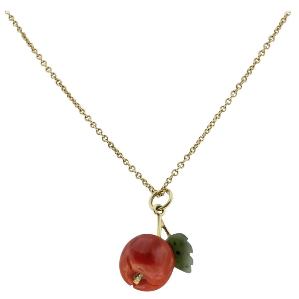 Gold Necklace with Coral and Jade Apple Pendant