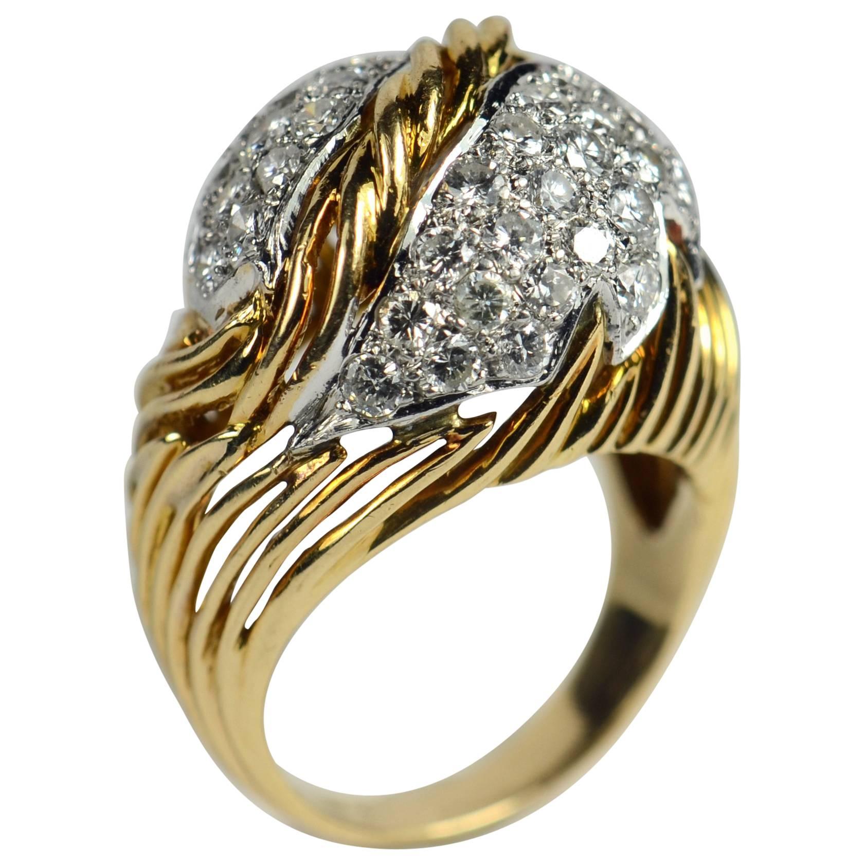 Diamond Gold Fallen Leaf Ring, circa 1950 For Sale