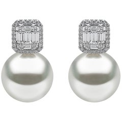 Yoko London South Sea Pearl and Baguette Cut Diamond Earrings in 18K White Gold