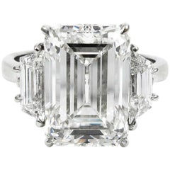 GIA Certified 7.11 Carat Total Emerald and Trapezoid Diamond Three-Stone Ring
