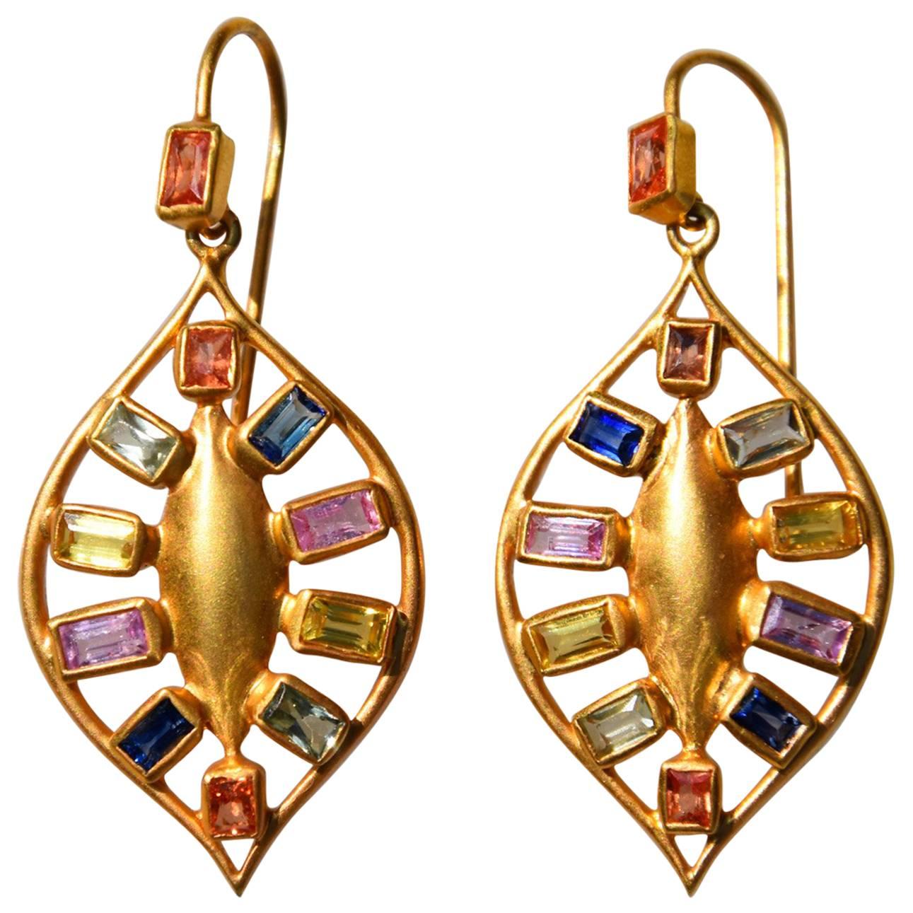 Lauren Harper Multicolored Sapphires Gold Drop Earrings For Sale