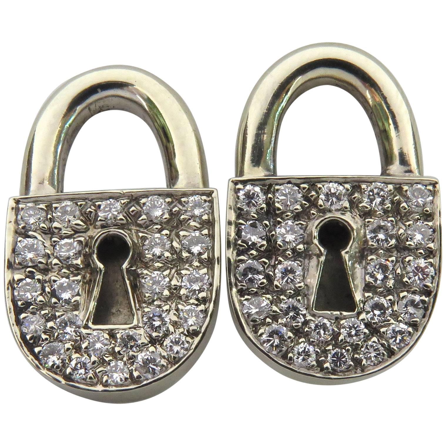 Unique Diamond White Gold Post Lock Motif Earrings For Sale