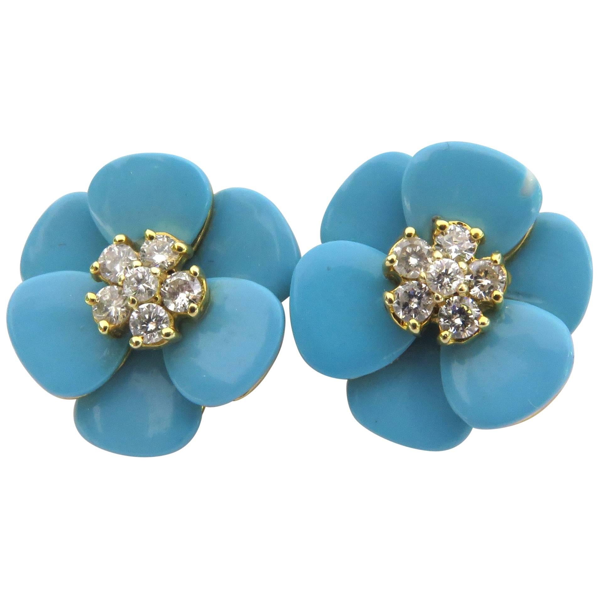 Stunning Turquoise Diamond Flower Post Gold Earrings