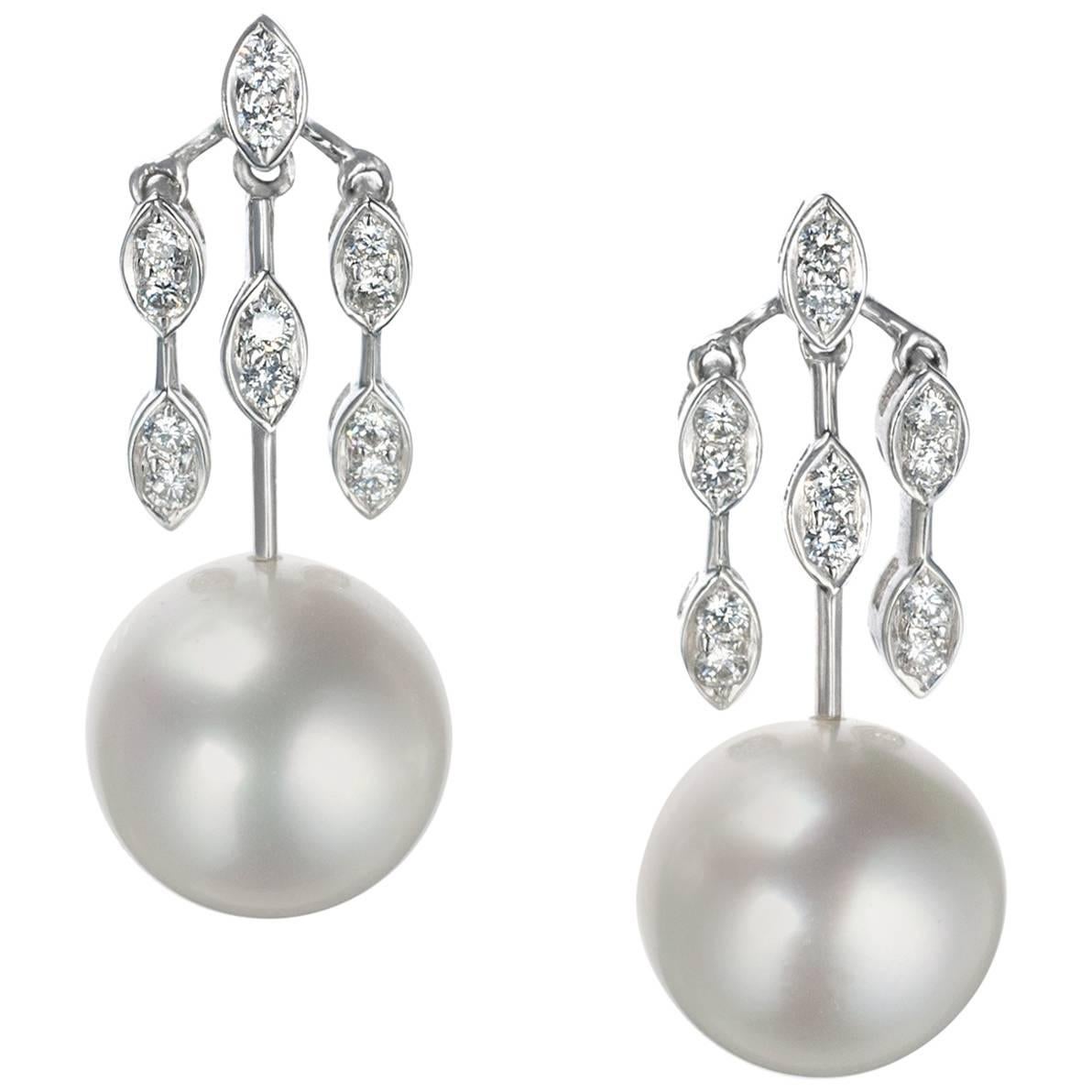 Schoeffel Pearl and Diamond Drop Earrings in 18 Karat White Gold For Sale