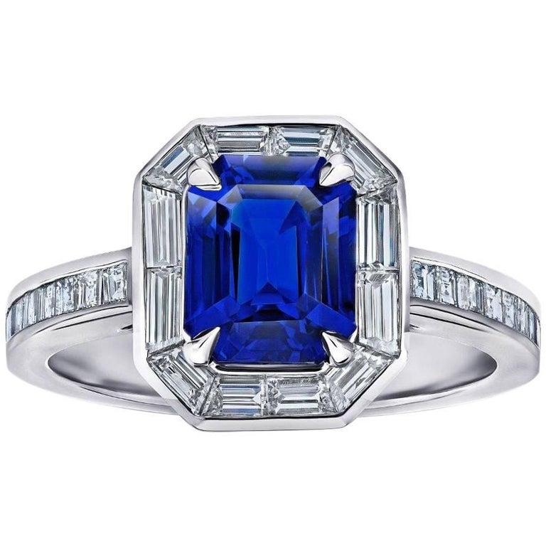 2.55 Carat Emerald Cut Blue Sapphire Baguette Diamond Halo Ring For ...