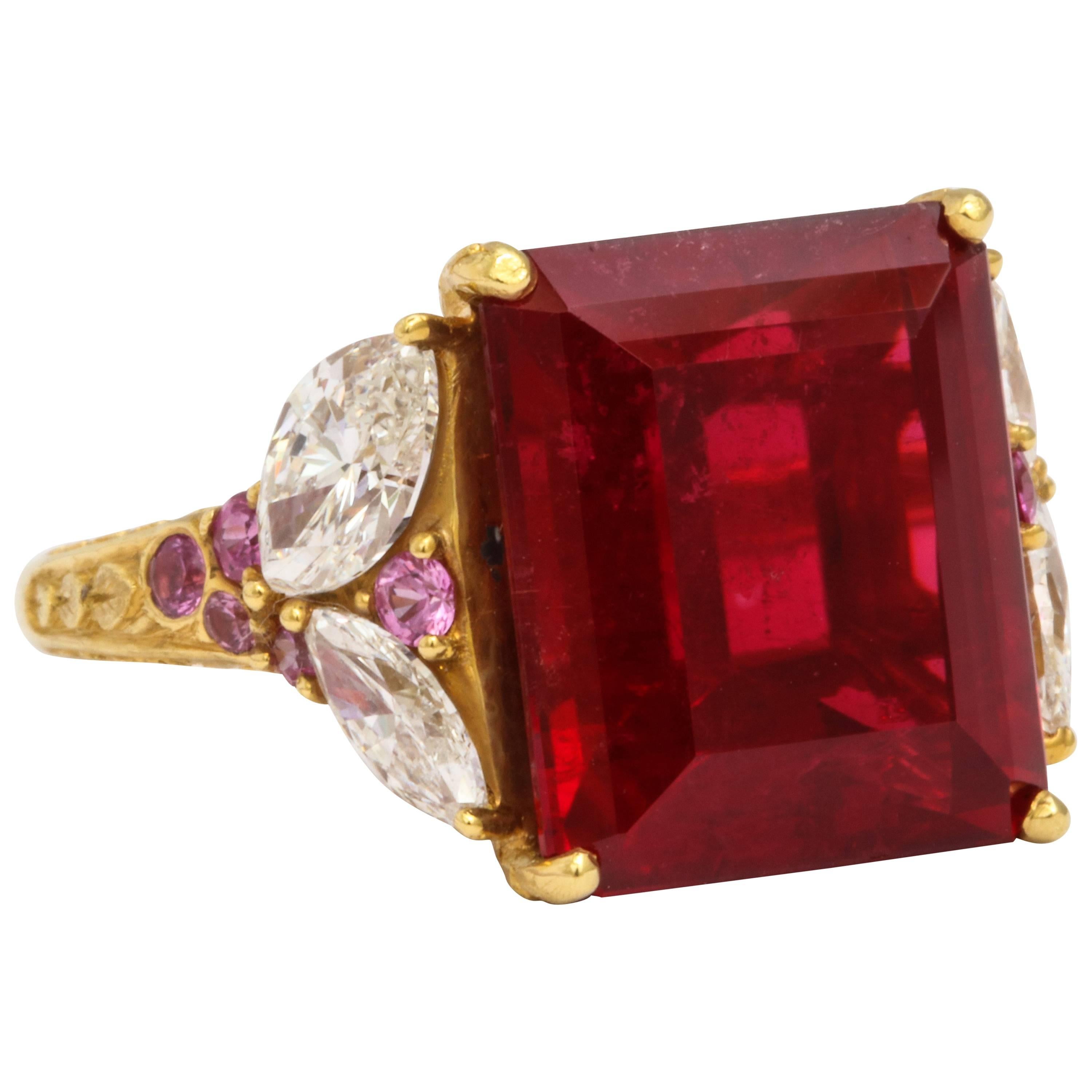 Donna Vock Red Rubelite Diamond and Pink Sapphire Hand Engraved 20K Gold Ring