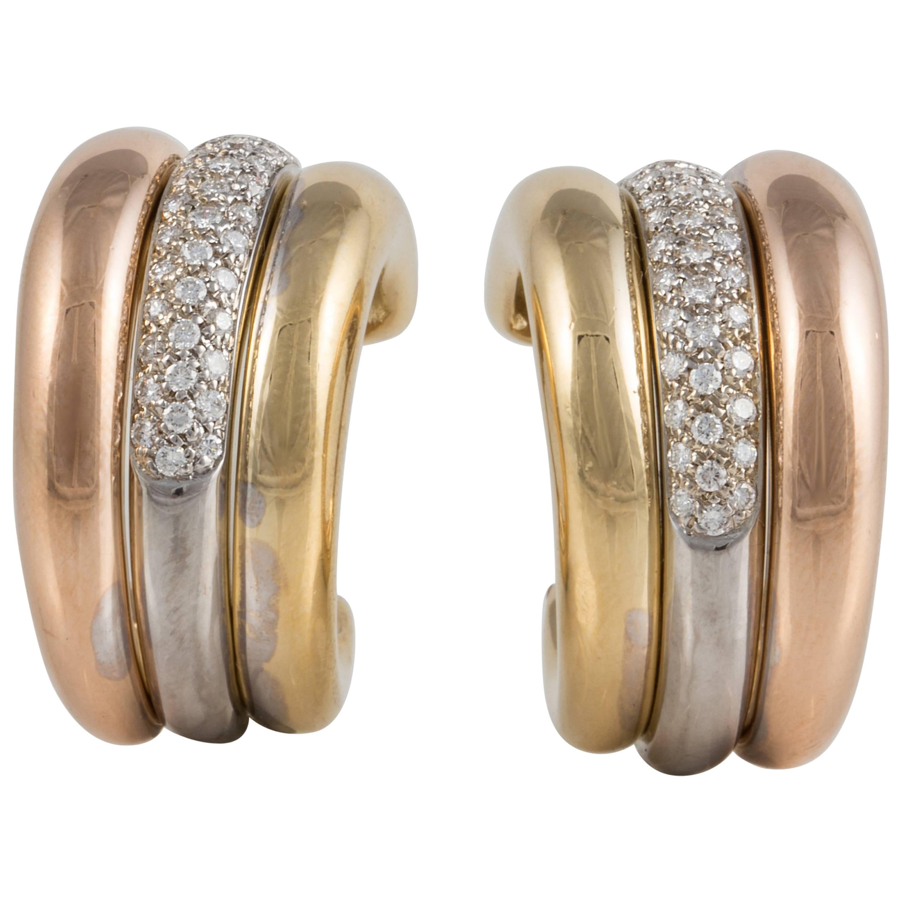 Cartier Trinity Earrings in Tri-Color Gold and Diamonds For Sale