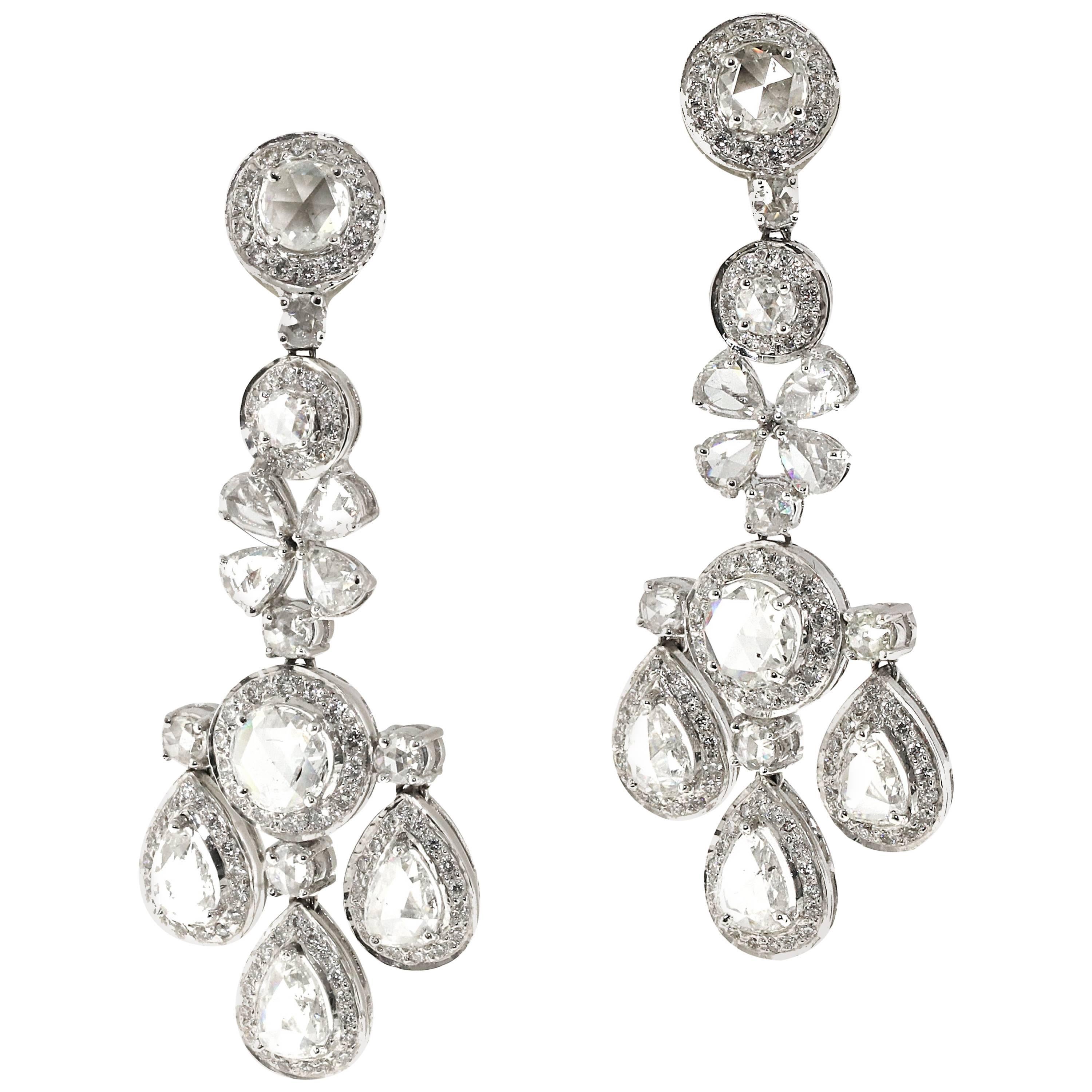 6.91 Carat of White Rose Cut Diamond Chandelier Dangle Earrings