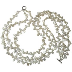 Triple Strand of Iridescent White Biwa Pearl Necklace with Sterling Silver Clasp